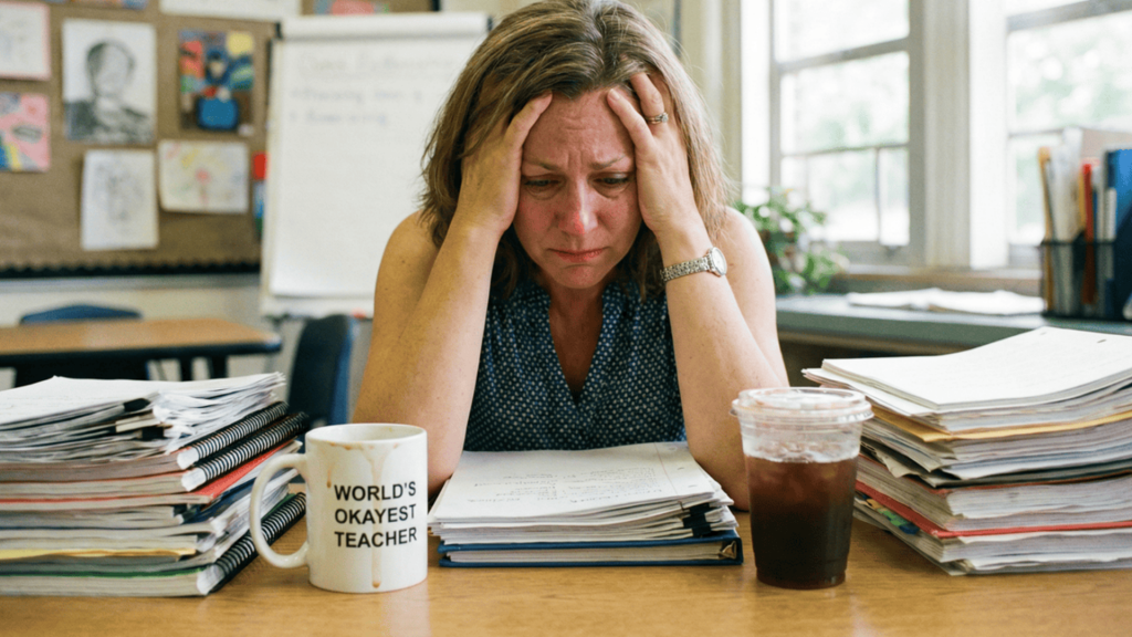 A female teacher at her desk with her head in her hands, She is feeling under pressure. On her desk there is her mug with the text World's most Okayest Teacher printed on it.